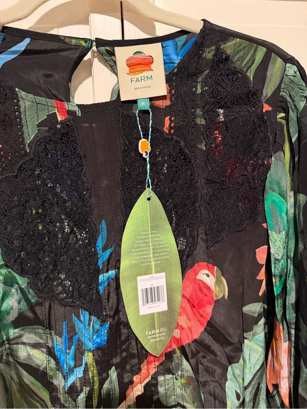 FARM Rio Midnight Macaw Fiesta Black Blouse with Lace Detail Tropical Top - Picture 7 of 10